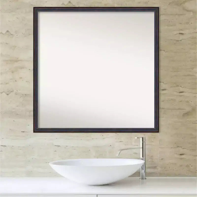 28" x 28" Non-Beveled Square Wood Framed Wall Mirror, Dark Bronze