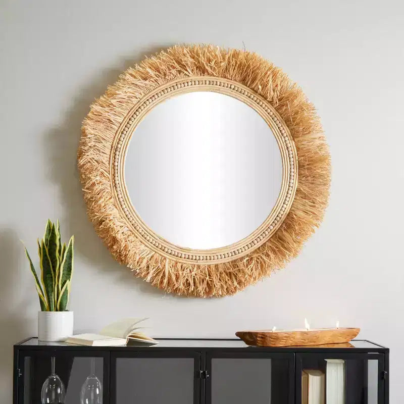 Olivia & May 35"X35" Seagrass Room Wall Mirror with Fringe Detailing Light Brown