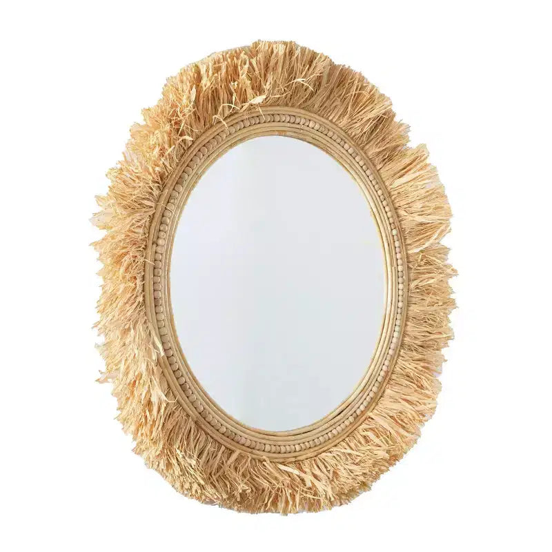 35" Round Seagrass Fringe Wall Mirror – Light Brown