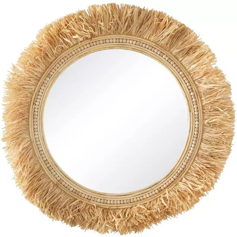 35" Round Seagrass Fringe Wall Mirror – Light Brown