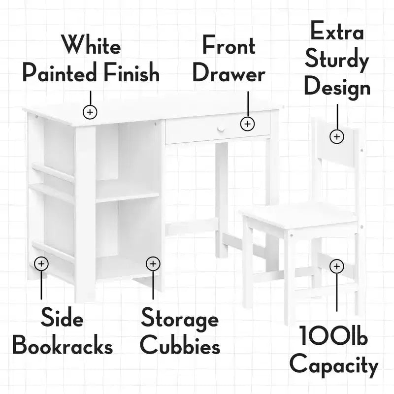 Kids Desk and Chair Set with Storage Cubbies, Bookshelves and Magnetic Art Display Bars, White