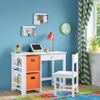 Scrivania e sedia per bambini con cubi portaoggetti, librerie e barre magnetiche per esposizione artistica, bianco