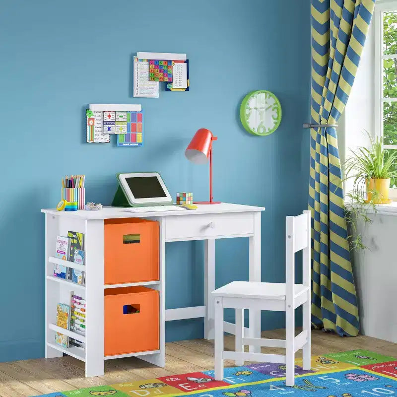 Kids Desk and Chair Set with Storage Cubbies, Bookshelves and Magnetic Art Display Bars, White
