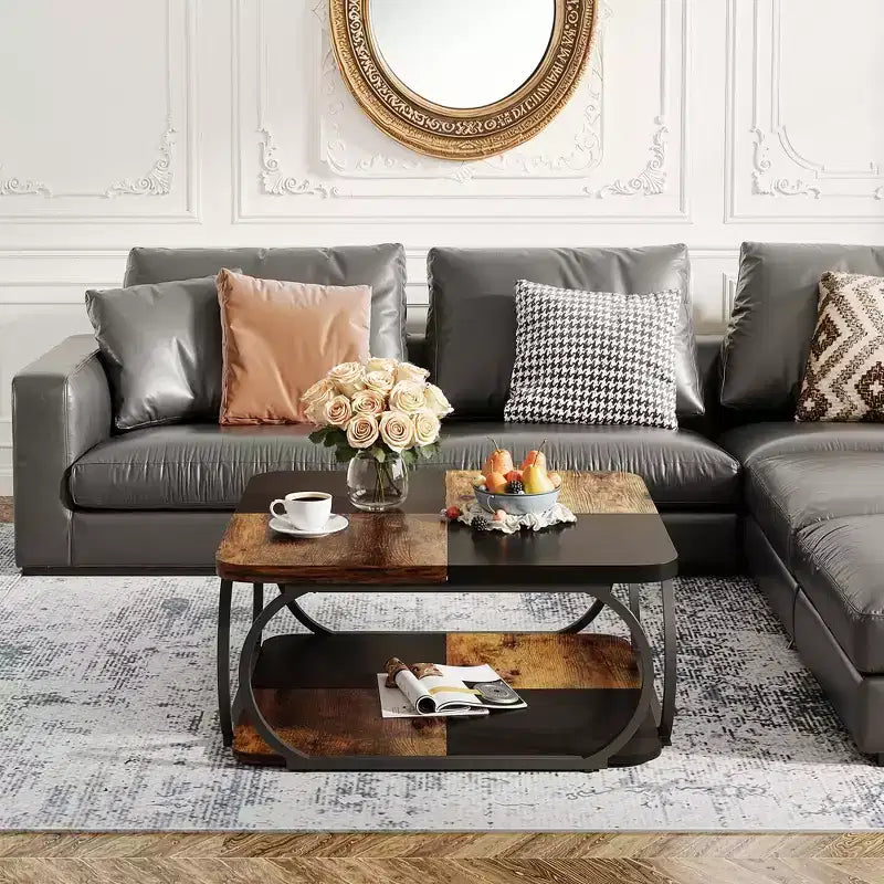39-Inch Two-Tier Square Coffee Table with Metal Frame