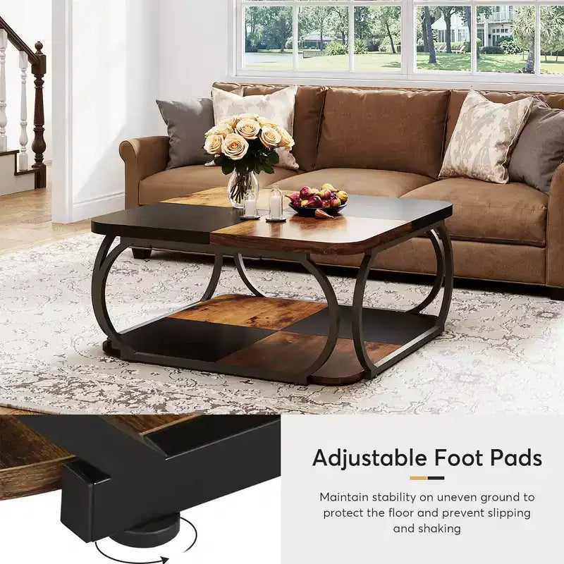 39-Inch Two-Tier Square Coffee Table with Metal Frame