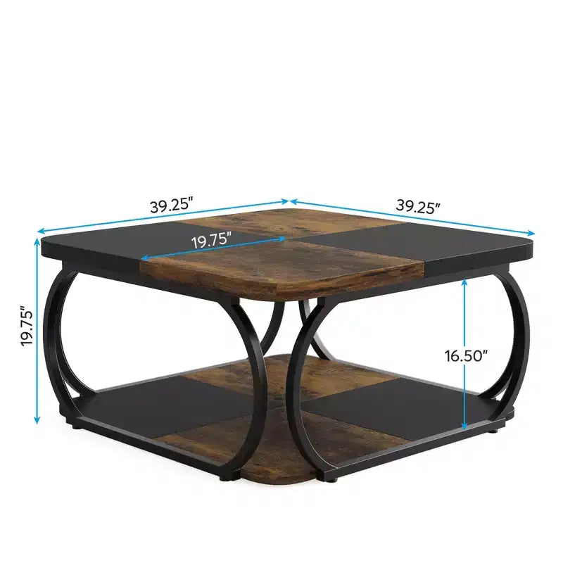 39-Inch Two-Tier Square Coffee Table with Metal Frame