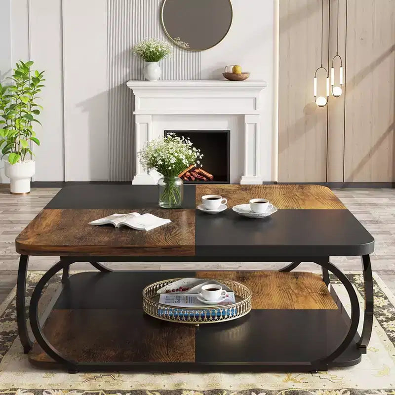 39-Inch Two-Tier Square Coffee Table with Metal Frame