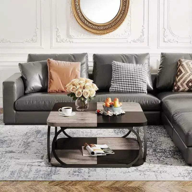 39-Inch Two-Tier Square Coffee Table with Metal Frame