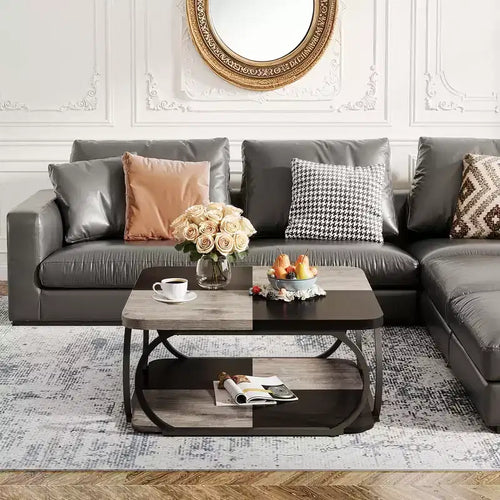39-Inch Two-Tier Square Coffee Table with Metal Frame