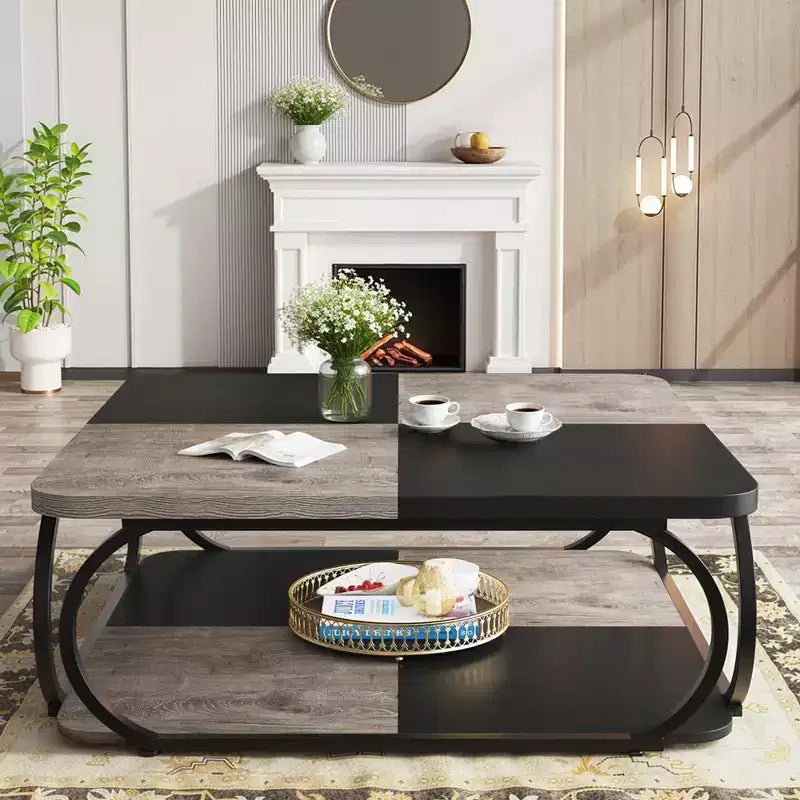 39-Inch Two-Tier Square Coffee Table with Metal Frame