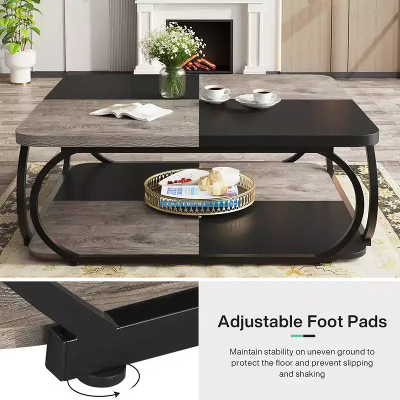 39-Inch Two-Tier Square Coffee Table with Metal Frame