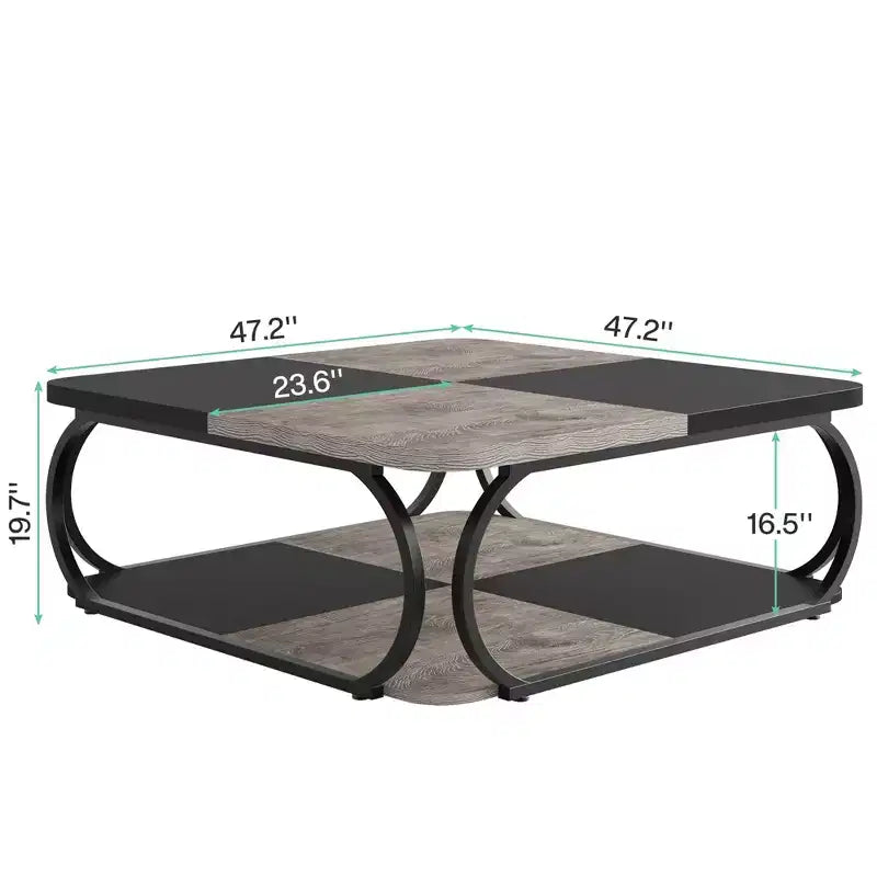 39-Inch Two-Tier Square Coffee Table with Metal Frame