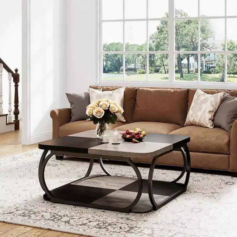 39-Inch Two-Tier Square Coffee Table with Metal Frame