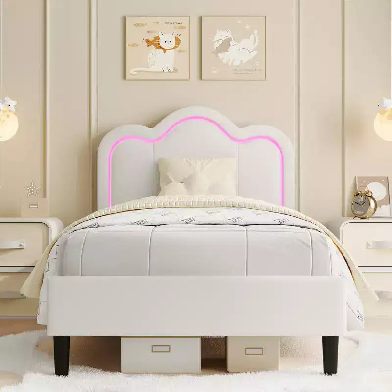 Twin Upholstered Bed Frame with LED Lighting and Storage Drawer