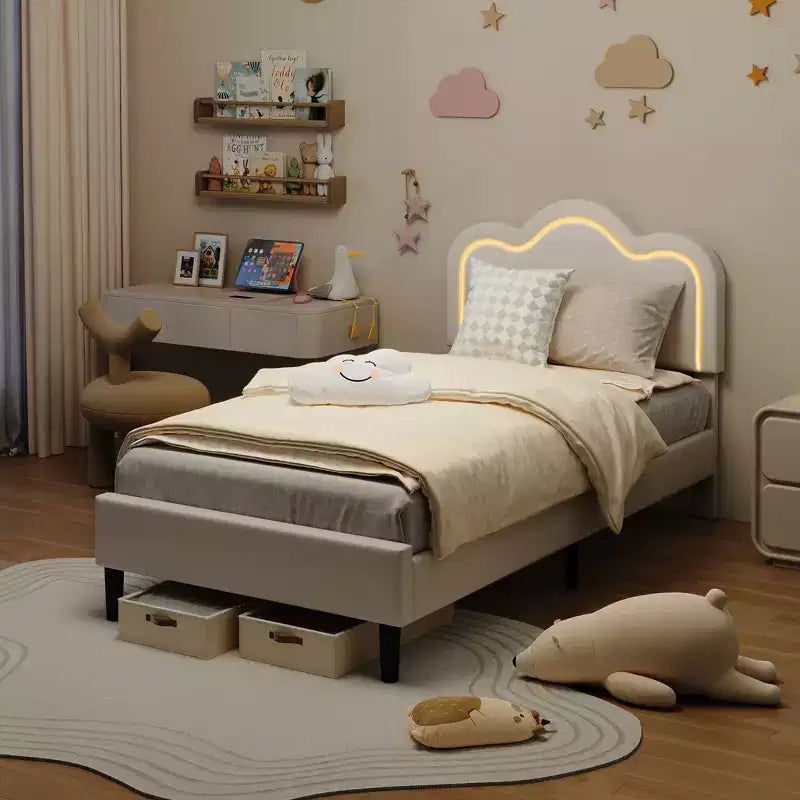 Twin Upholstered Bed Frame with LED Lighting and Storage Drawer