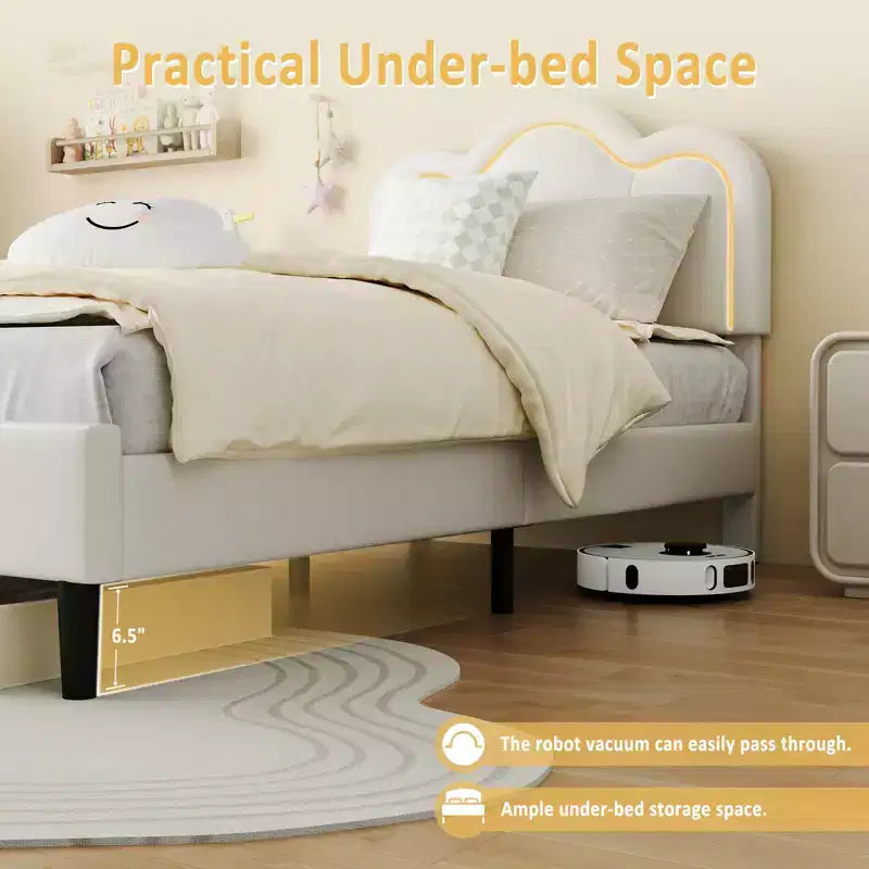 Twin Upholstered Bed Frame with LED Lighting and Storage Drawer