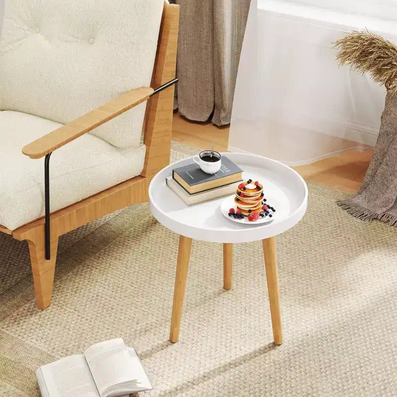 Round Side Table with Tray Top and Bamboo Legs