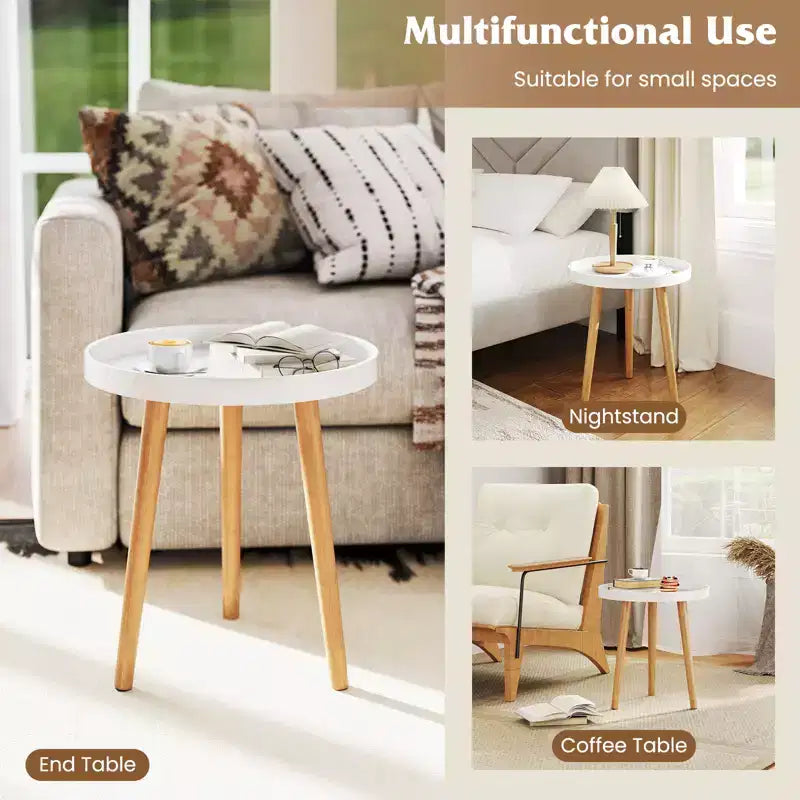 Round Side Table with Tray Top and Bamboo Legs