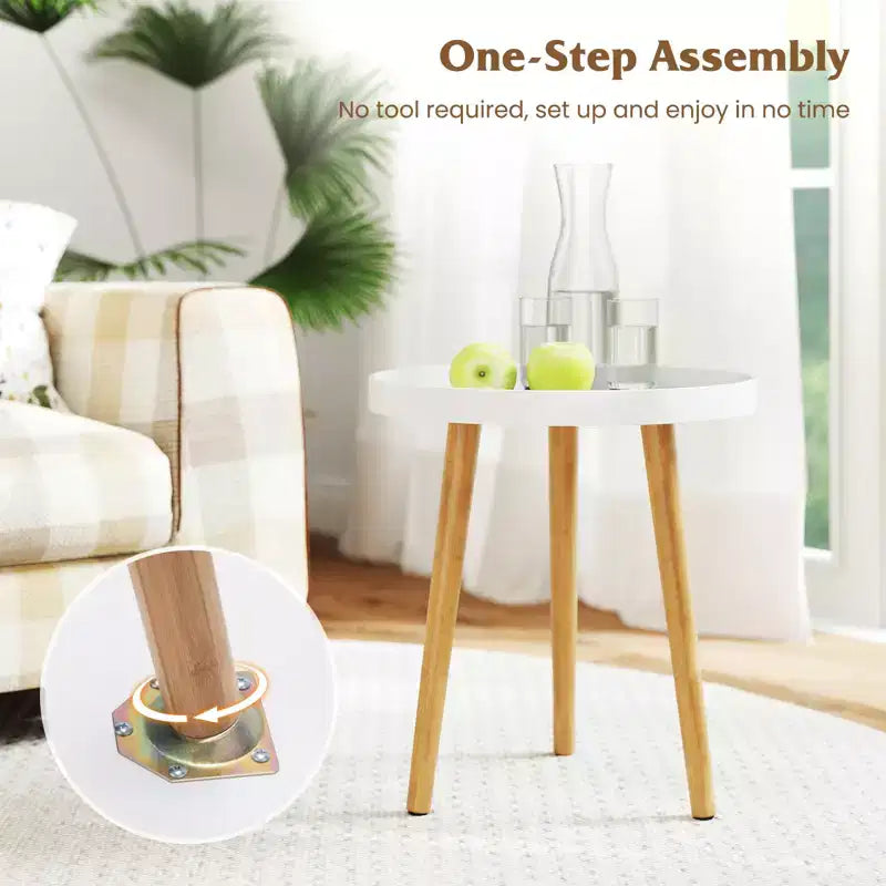 Round Side Table with Tray Top and Bamboo Legs