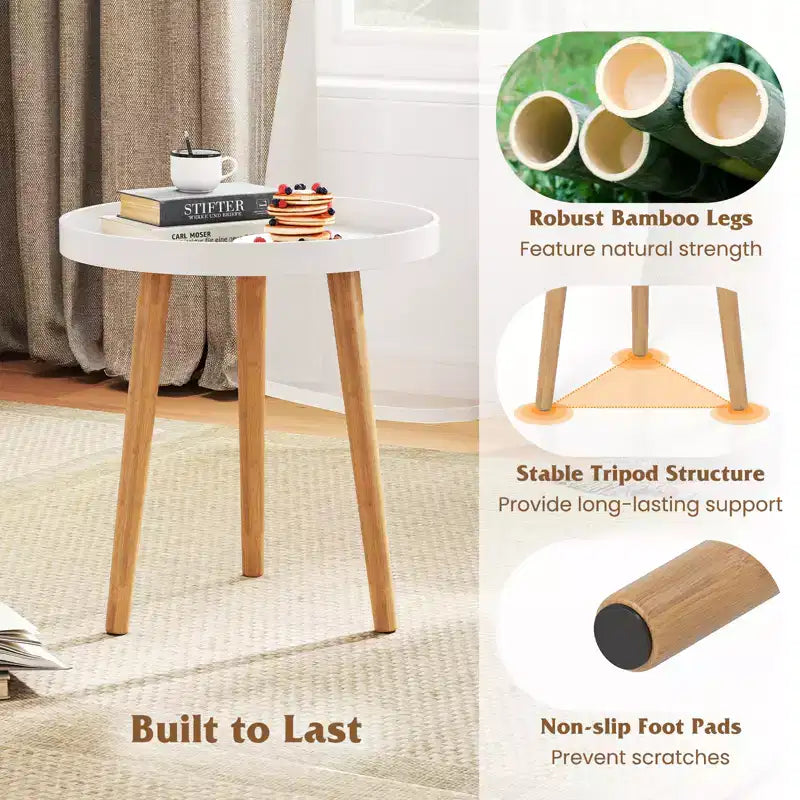 Round Side Table with Tray Top and Bamboo Legs