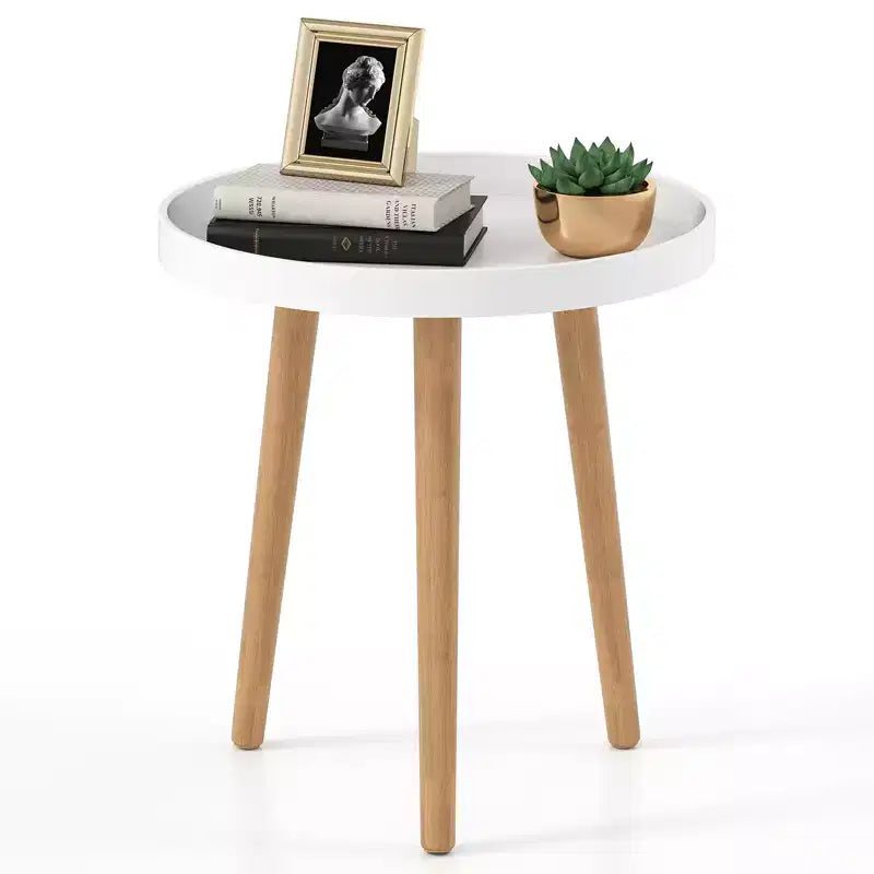 Round Side Table with Tray Top and Bamboo Legs