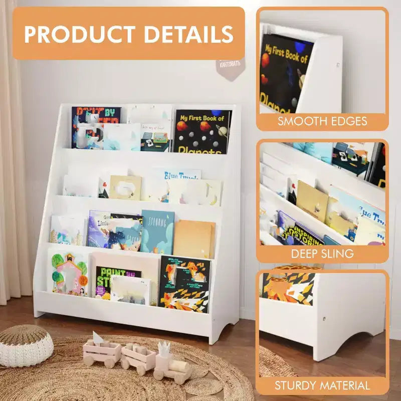 4-Tier Kids Bookshelf with Corner Storage