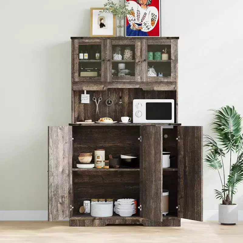 71'' Pantry Cabinet with Charging Station, Glass Doors and Open Countertop, Brown