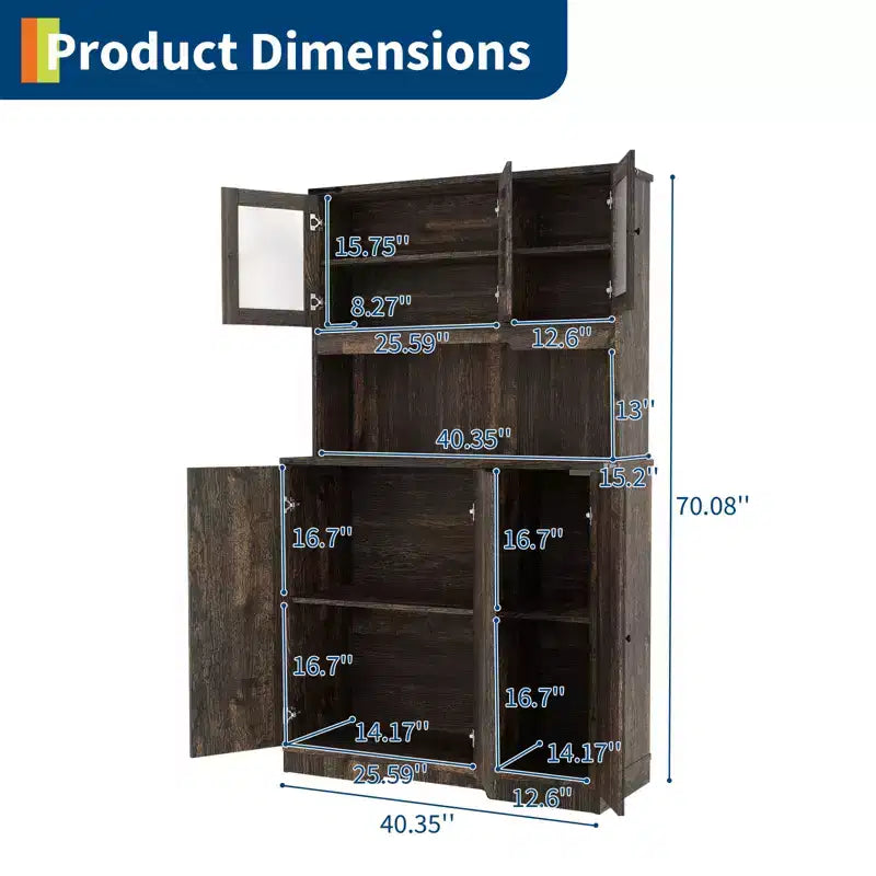 71'' Pantry Cabinet with Charging Station, Glass Doors and Open Countertop, Brown