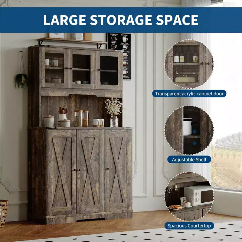 71'' Pantry Cabinet with Charging Station, Glass Doors and Open Countertop, Brown