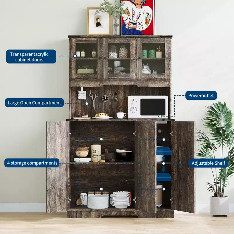 71'' Pantry Cabinet with Charging Station, Glass Doors and Open Countertop, Brown