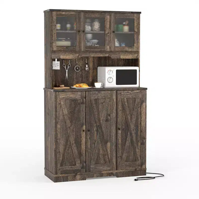 71'' Pantry Cabinet with Charging Station, Glass Doors and Open Countertop, Brown