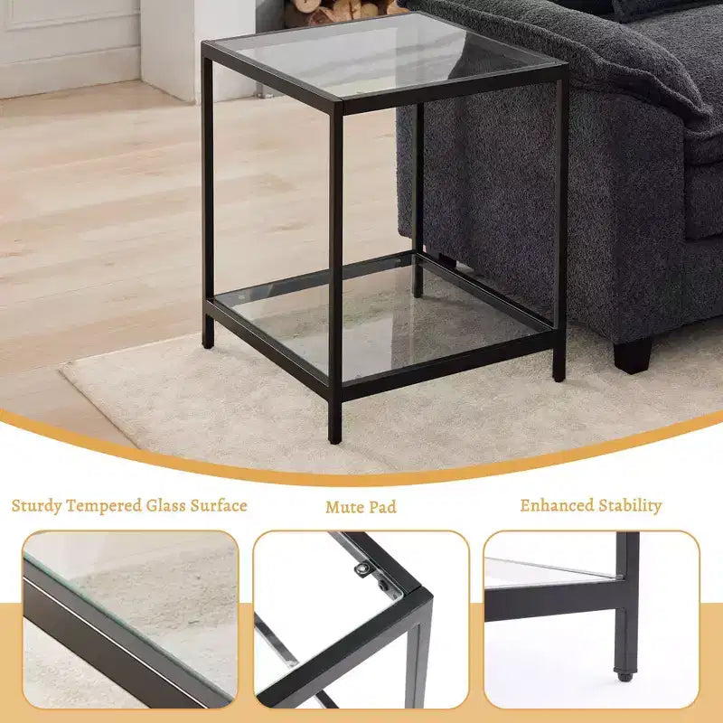 20 in. Square 2-Tier Tempered Glass End Table with Metal Frame
