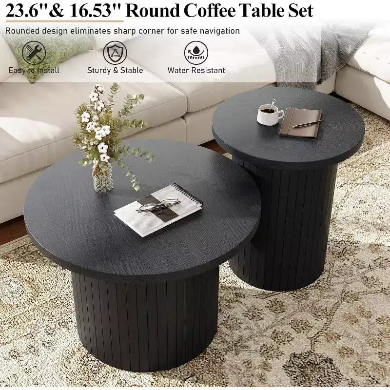 Nesting Coffee Table Set of 2, Round Side Tables for Living Room