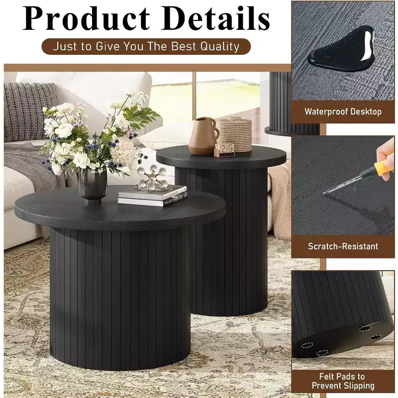 Nesting Coffee Table Set of 2, Round Side Tables for Living Room