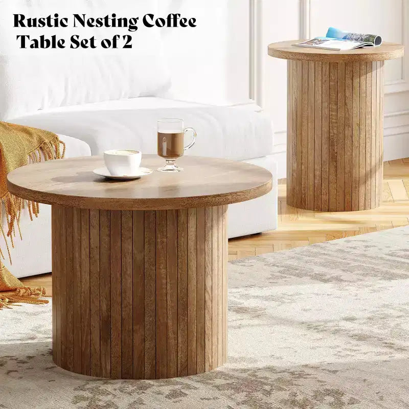 Nesting Coffee Table Set of 2, Round Side Tables for Living Room