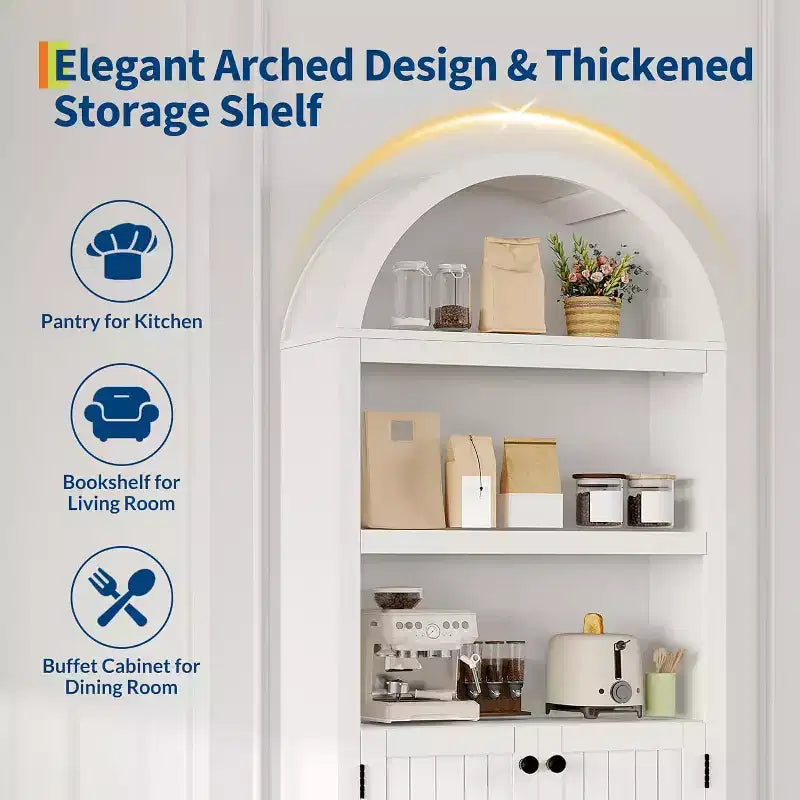 5-Tier Arched Bookcase with Double Doors and Adjustable Shelves, 72 Inch