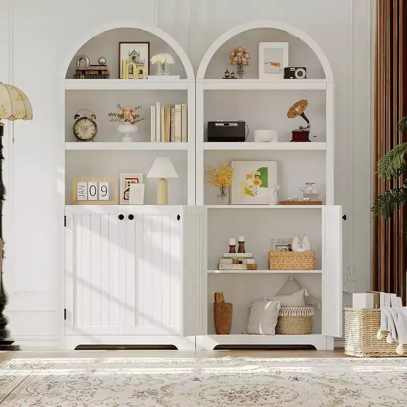 5-Tier Arched Bookcase with Double Doors and Adjustable Shelves, 72 Inch