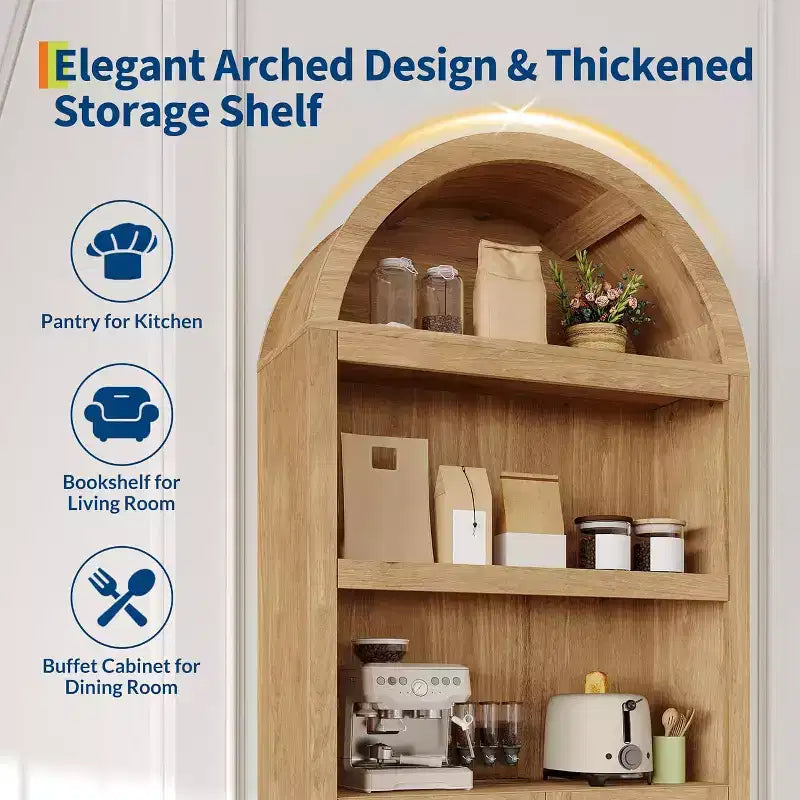 5-Tier Arched Bookcase with Double Doors and Adjustable Shelves, 72 Inch