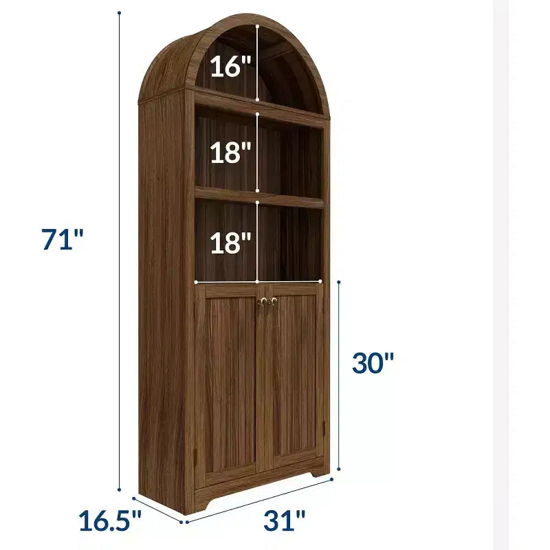 5-Tier Arched Bookcase with Double Doors and Adjustable Shelves, 72 Inch