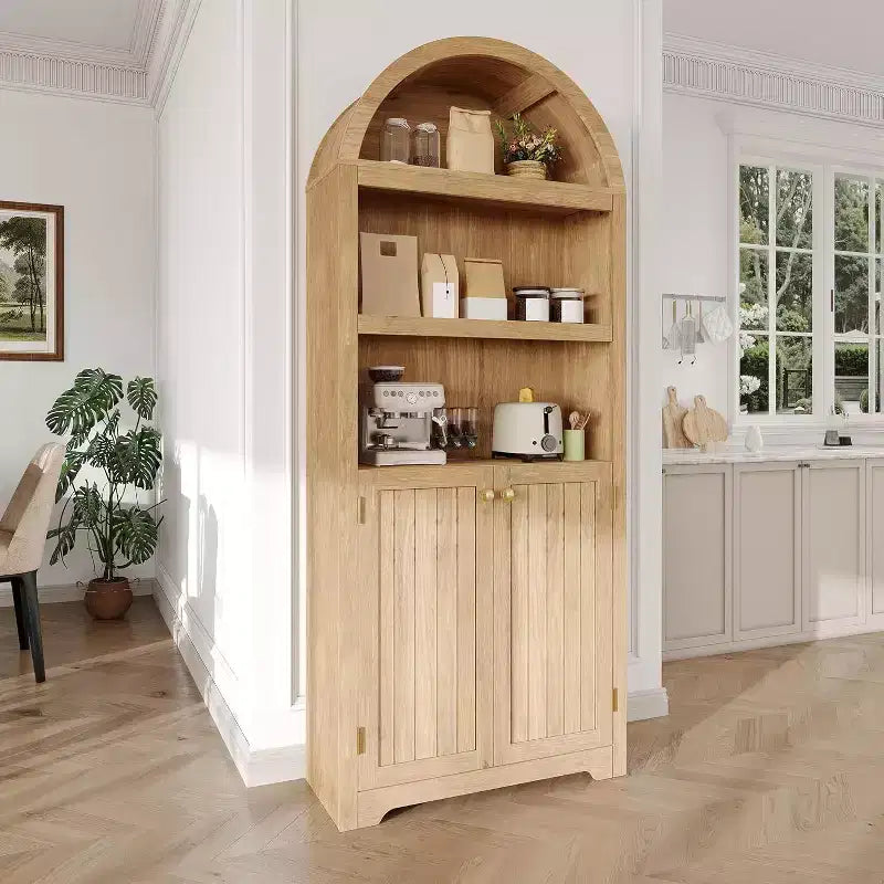 5-Tier Arched Bookcase with Double Doors and Adjustable Shelves, 72 Inch
