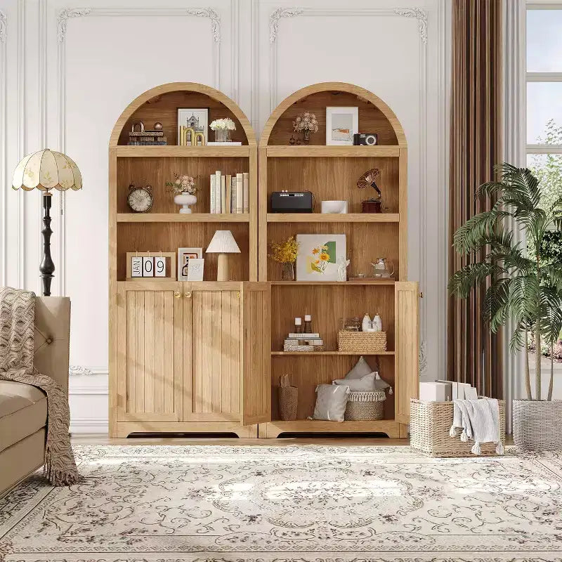 5-Tier Arched Bookcase with Double Doors and Adjustable Shelves, 72 Inch