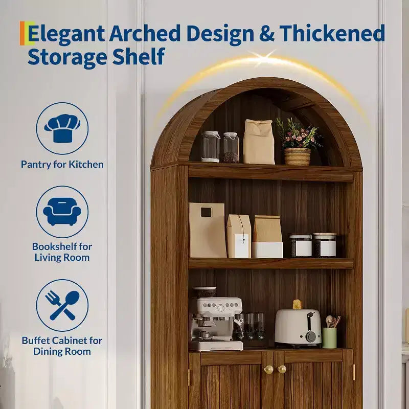 5-Tier Arched Bookcase with Double Doors and Adjustable Shelves, 72 Inch