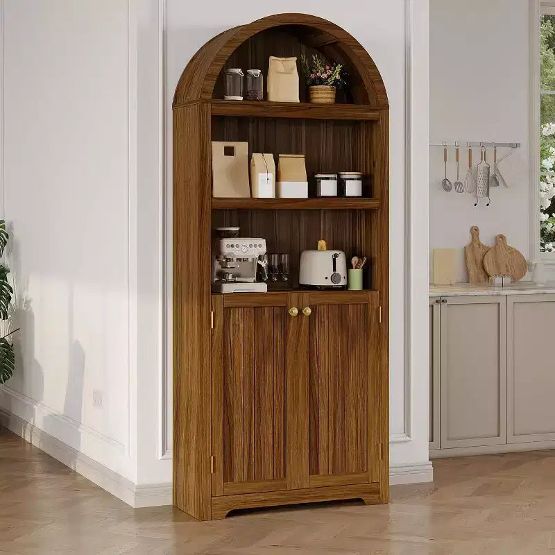 5-Tier Arched Bookcase with Double Doors and Adjustable Shelves, 72 Inch