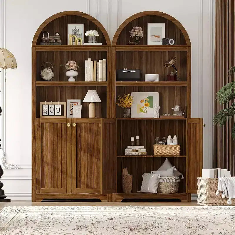 5-Tier Arched Bookcase with Double Doors and Adjustable Shelves, 72 Inch