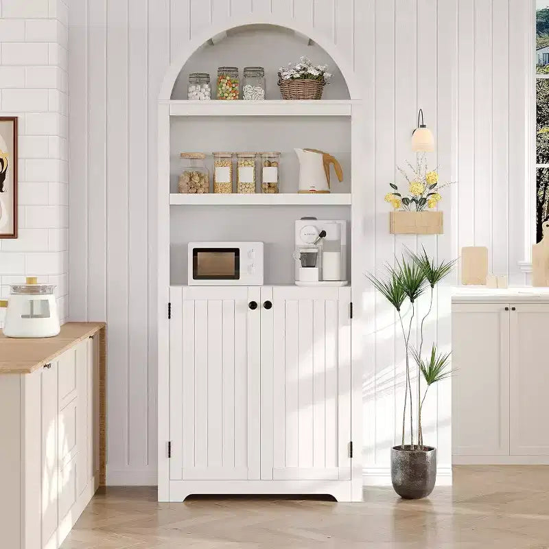 5-Tier Arched Bookcase with Double Doors and Adjustable Shelves, 72 Inch