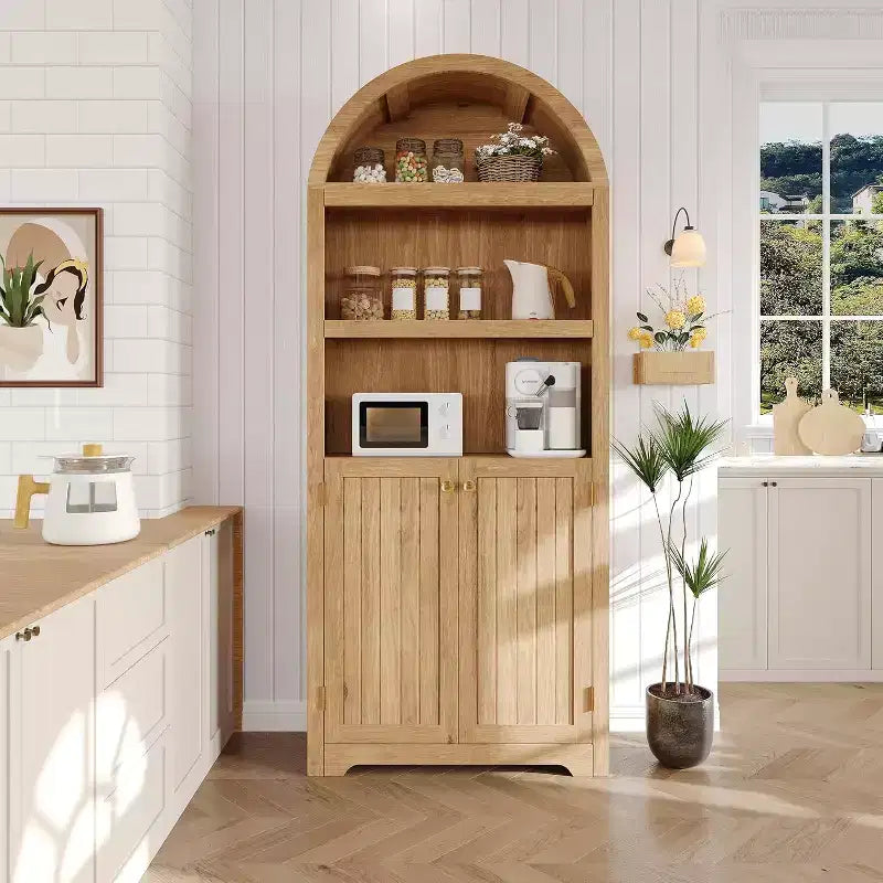 5-Tier Arched Bookcase with Double Doors and Adjustable Shelves, 72 Inch