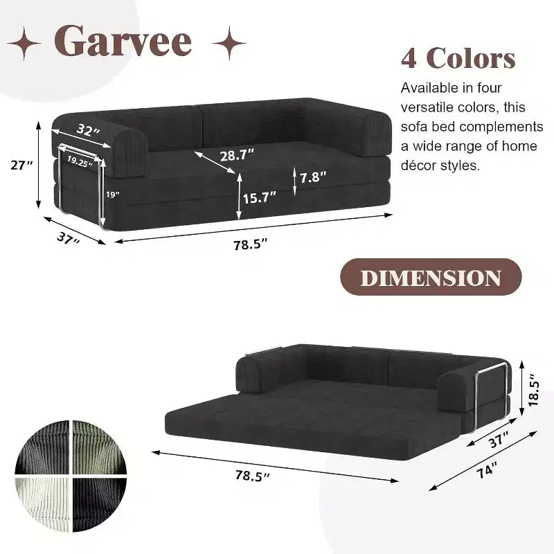 Convertible Corduroy Sleeper Sofa Bed - 3-Seat Folding Futon Couch