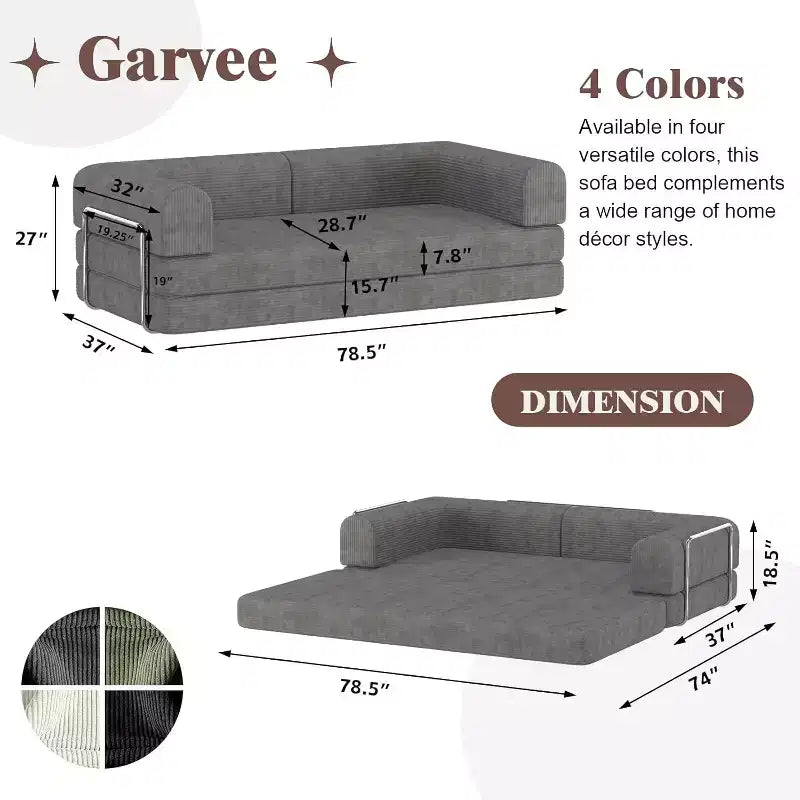 Convertible Corduroy Sleeper Sofa Bed - 3-Seat Folding Futon Couch