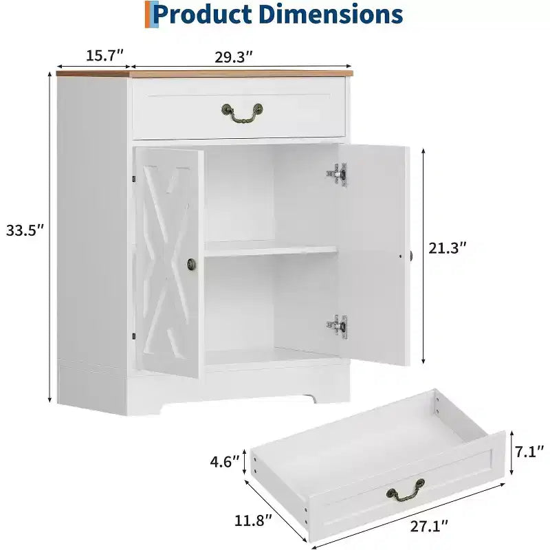 White Wood Storage Cabinet with Drawer and Adjustable Shelves