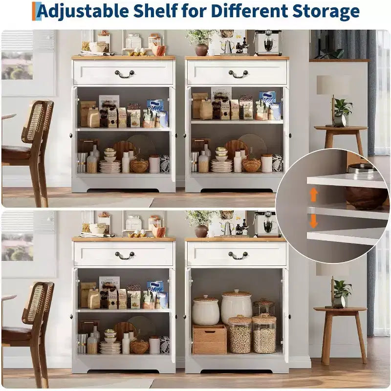 White Wood Storage Cabinet with Drawer and Adjustable Shelves